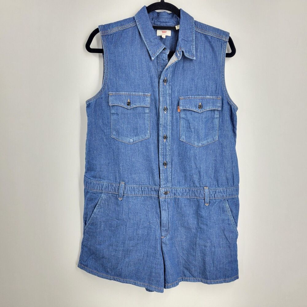 LEVIS 70s Style Denim Romper Shorts Belted Orange Tab Cotton Hemp Western M RARE